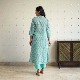 Buy Blue Beadwork Flared Cotton Block Print Sanganeri Kurta