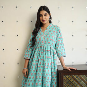 Buy Blue Beadwork Flared Cotton Block Print Sanganeri Kurta