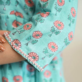 Buy Blue Beadwork Flared Cotton Block Print Sanganeri Kurta