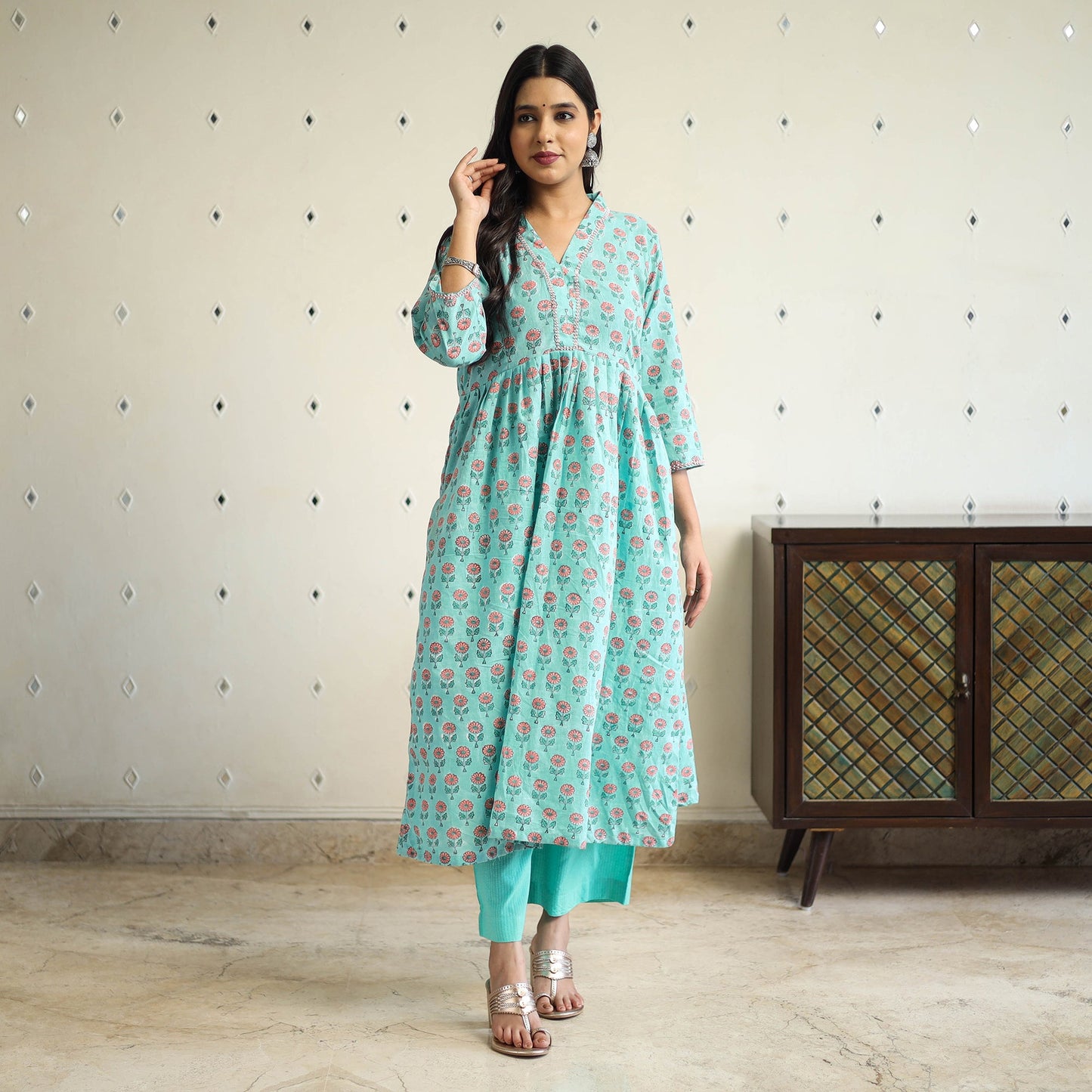 Buy Blue Beadwork Flared Cotton Block Print Sanganeri Kurta