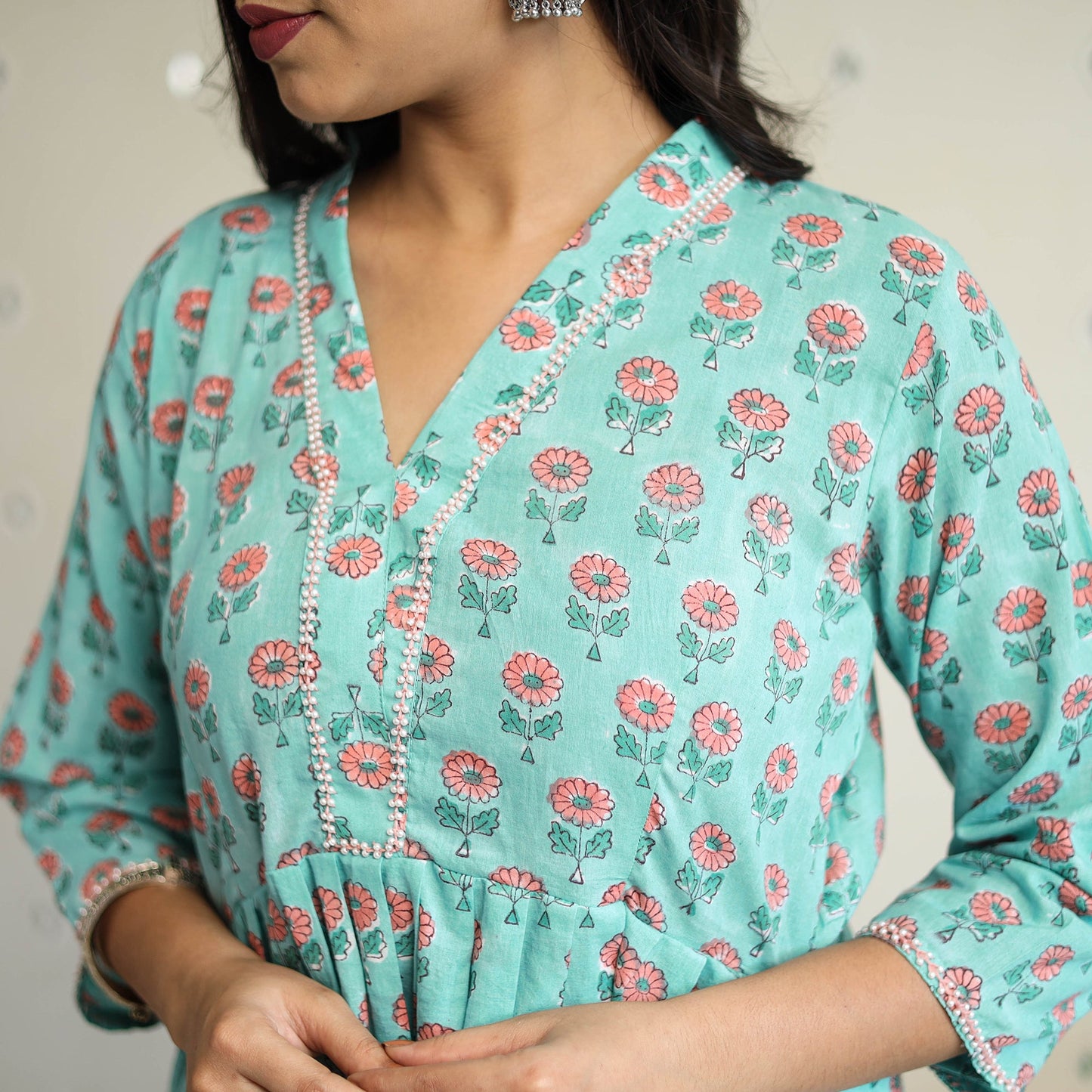 Buy Blue Beadwork Flared Cotton Block Print Sanganeri Kurta