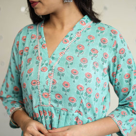 Buy Blue Beadwork Flared Cotton Block Print Sanganeri Kurta