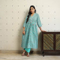 Buy Blue Beadwork Flared Cotton Block Print Sanganeri Kurta