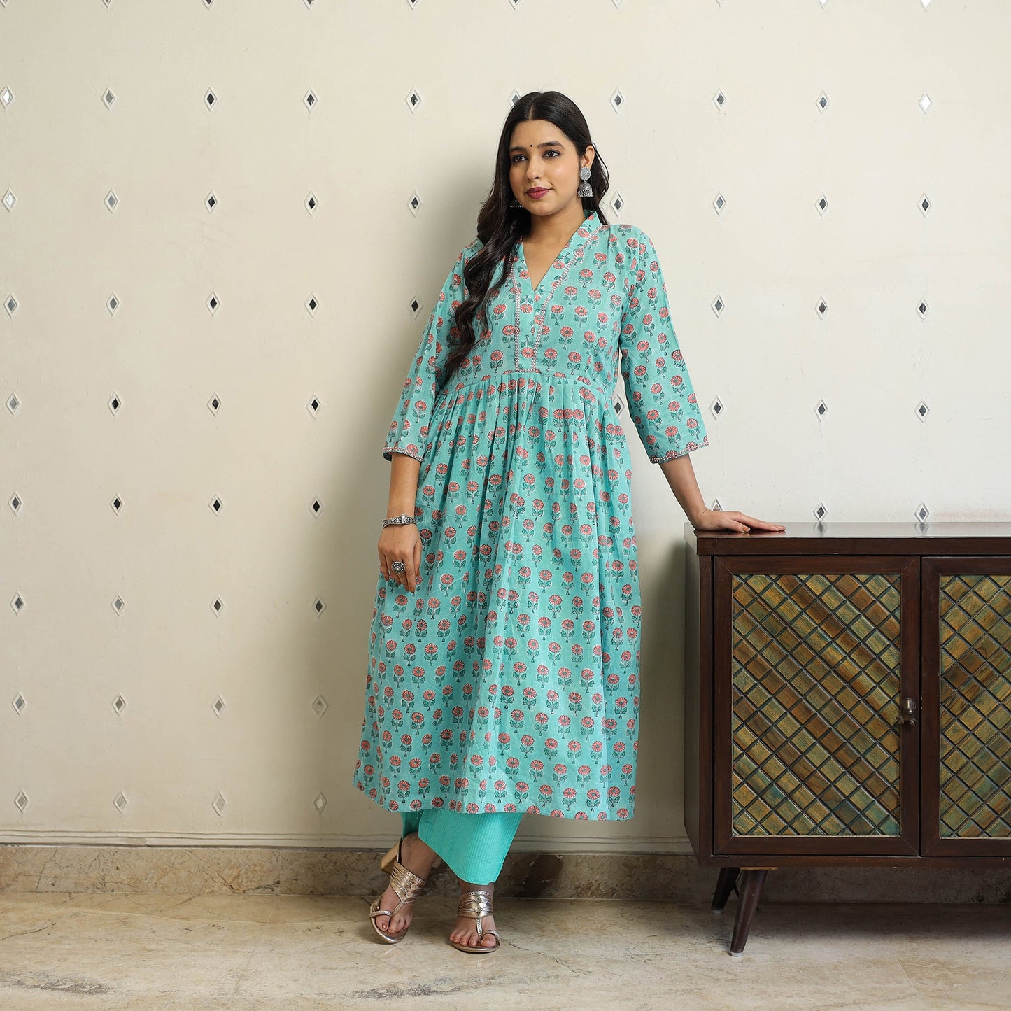 Buy Blue Beadwork Flared Cotton Block Print Sanganeri Kurta