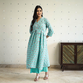 Buy Blue Beadwork Flared Cotton Block Print Sanganeri Kurta