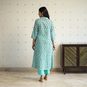 Buy Blue Beadwork Flared Cotton Block Print Sanganeri Kurta