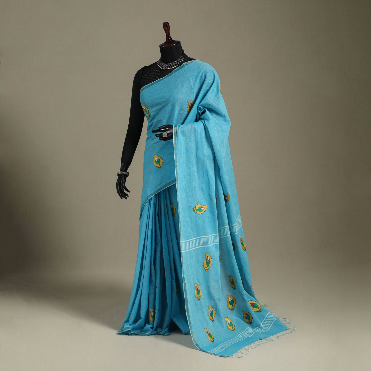 Blue - bengal hand embroidery cotton handloom kantha saree