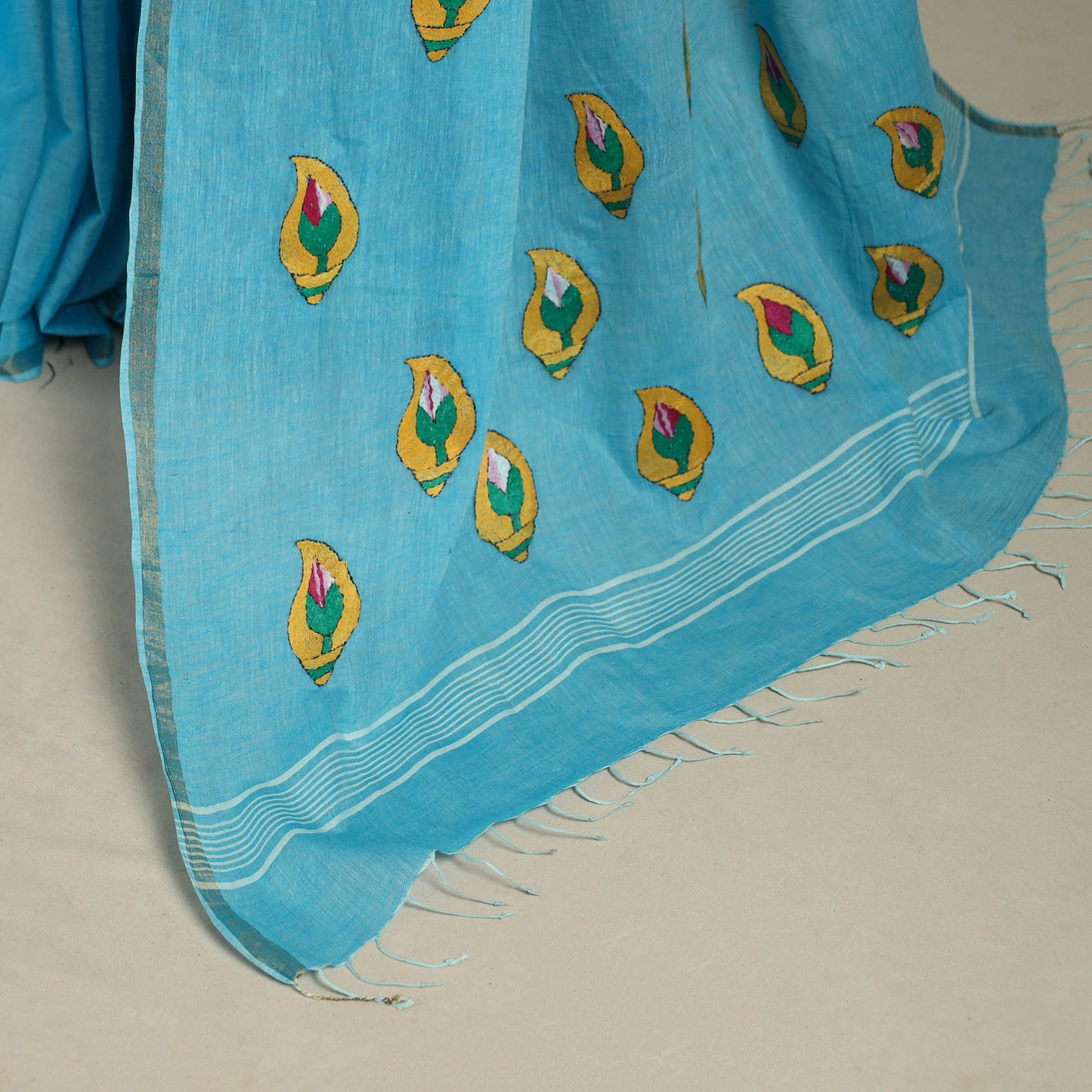 Blue - bengal hand embroidery cotton handloom kantha saree