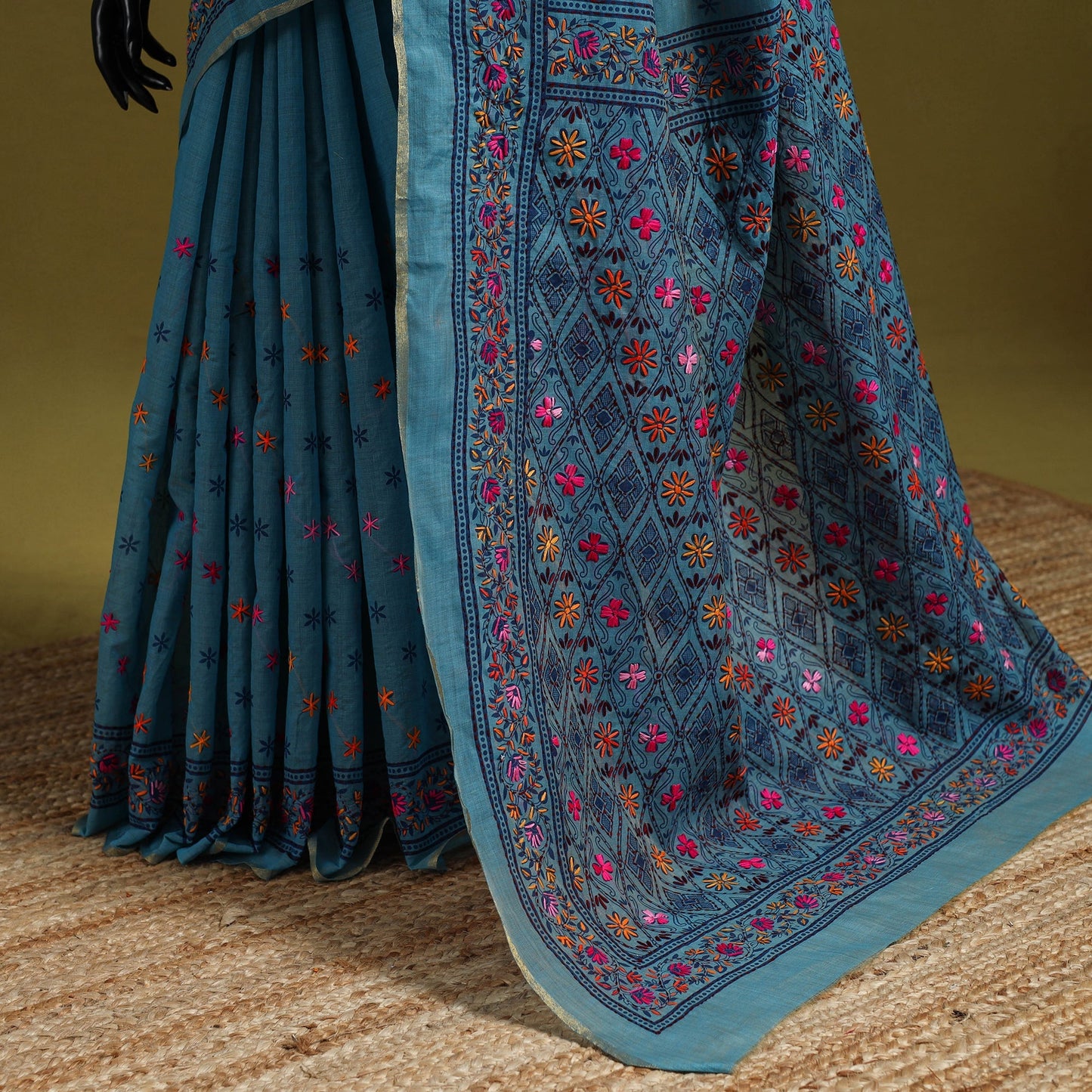 Bengal hand embroidery silk cotton kantha saree 08