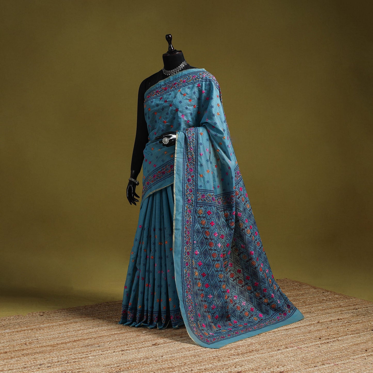 Bengal hand embroidery silk cotton kantha saree 08