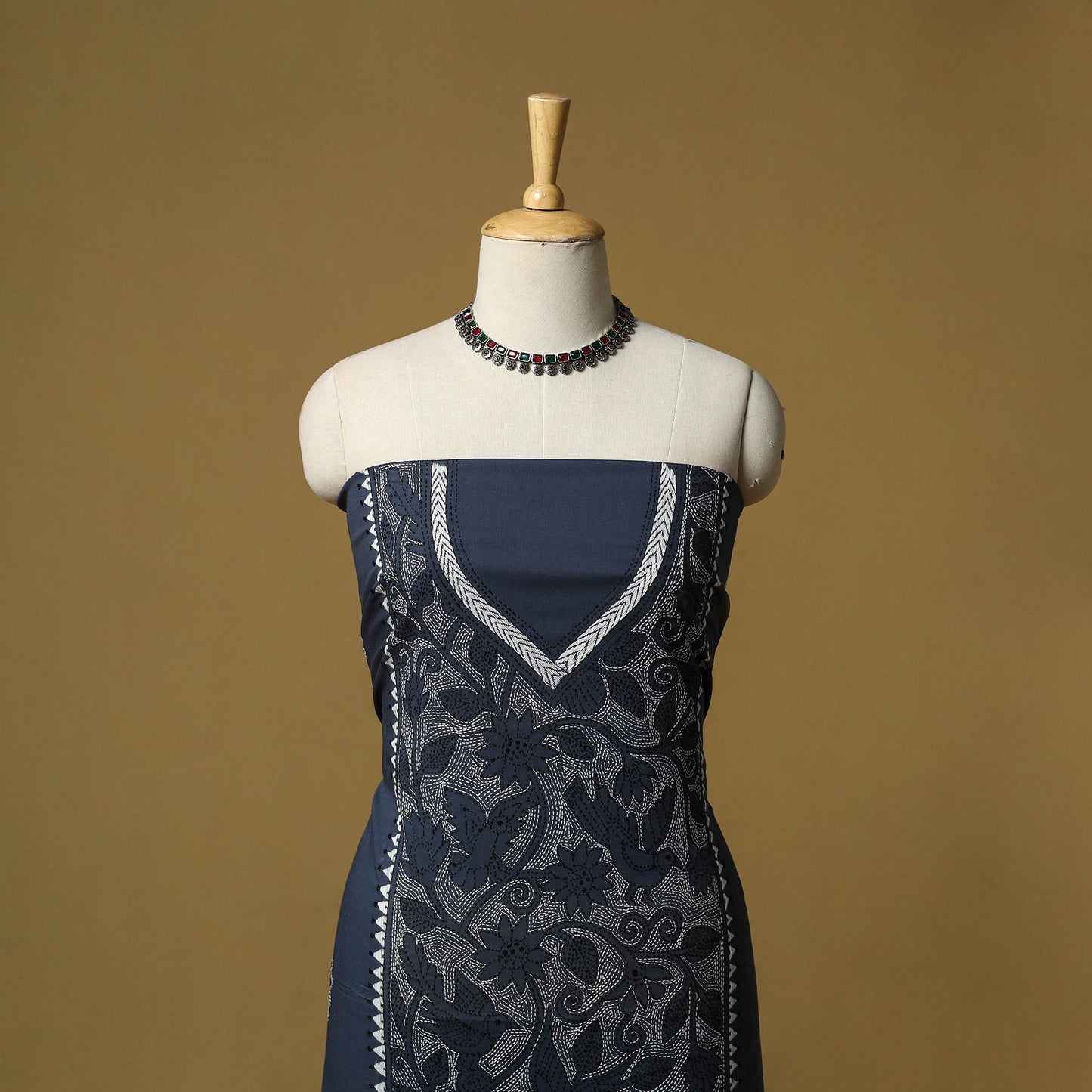 Blue - bengal kantha hand embroidered unstitched kurta