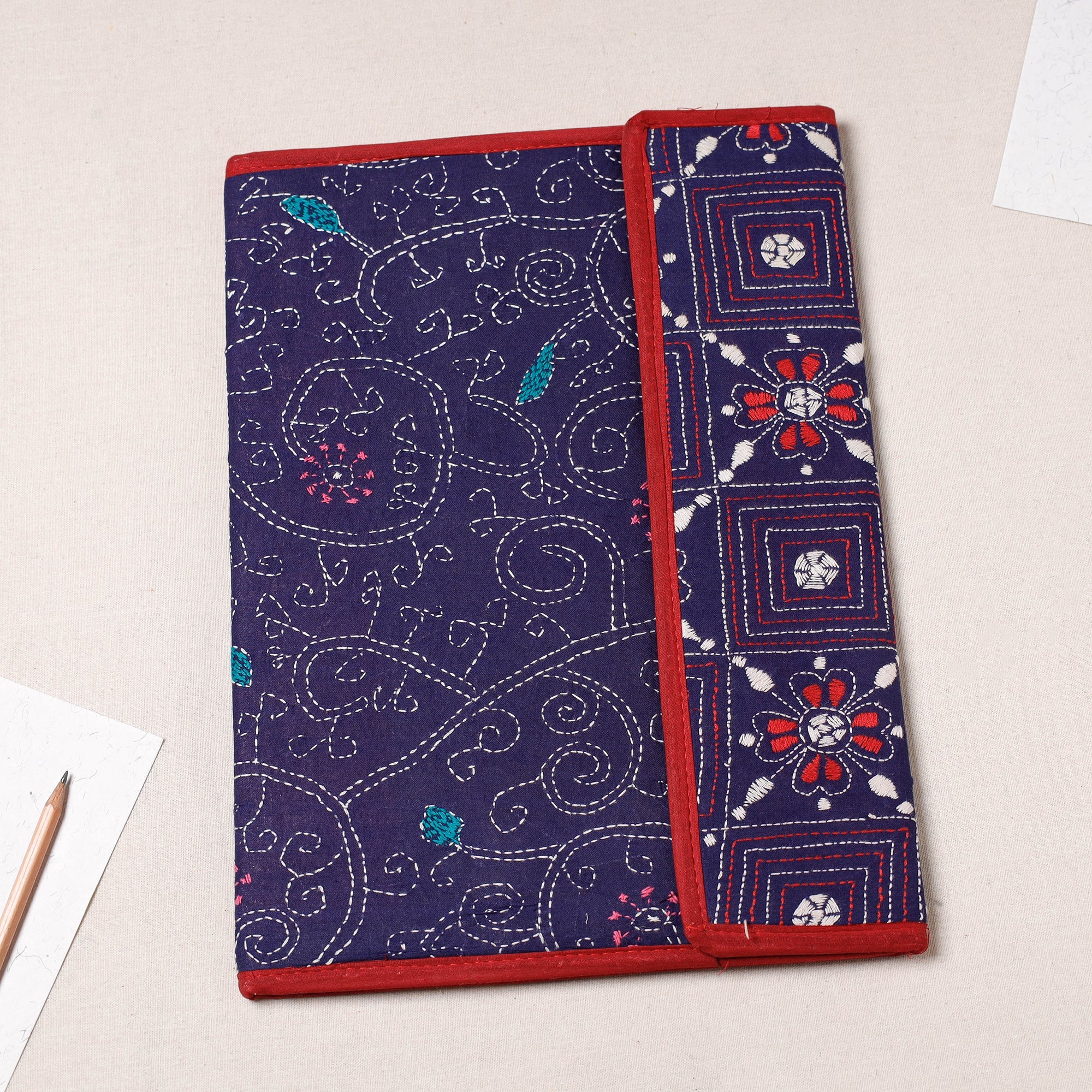 Red - Bengal Kantha Work Handcrafted File Folder main image 1