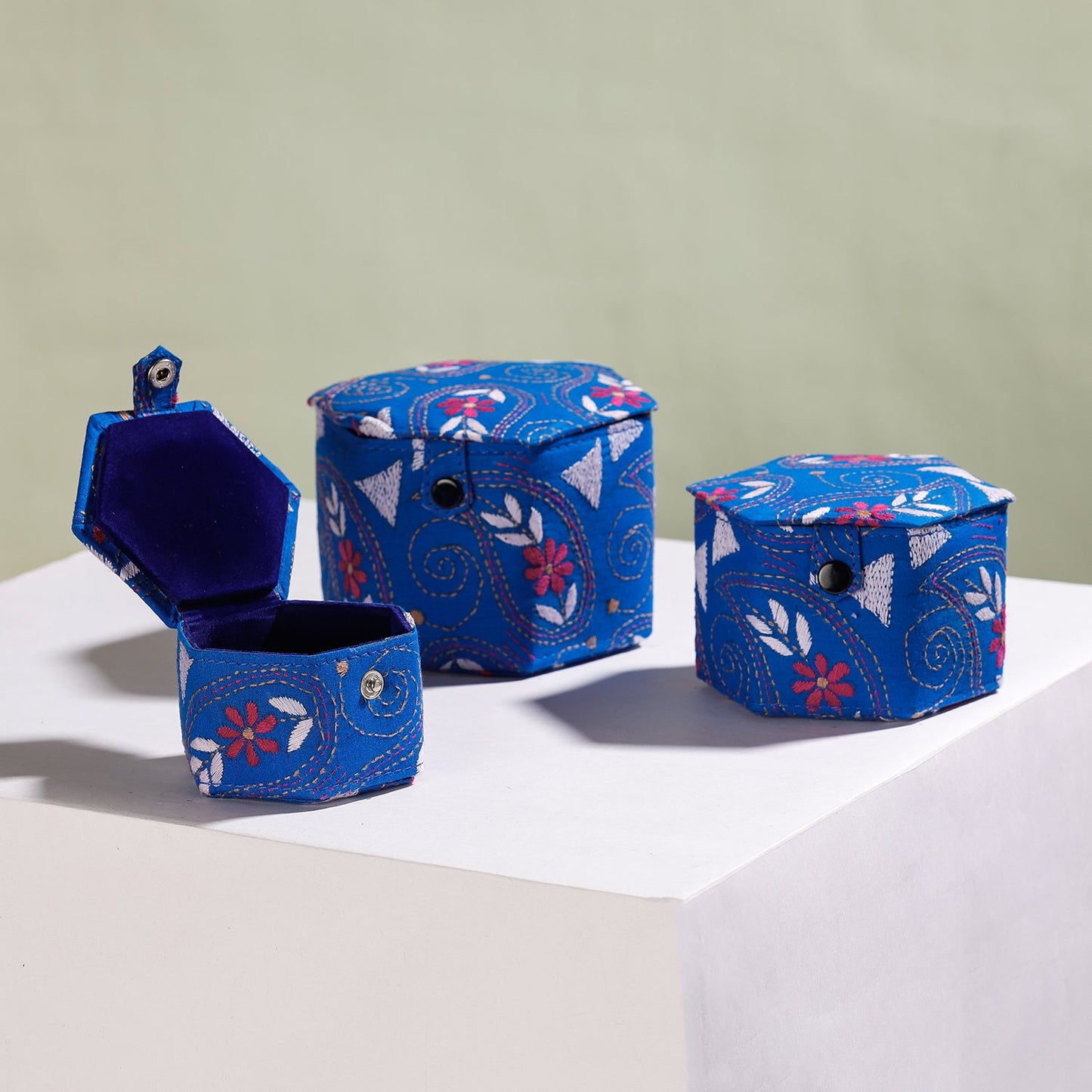 Blue Bengal Kantha Work Handcrafted Hexagon Jewelry Box (Set of 3)