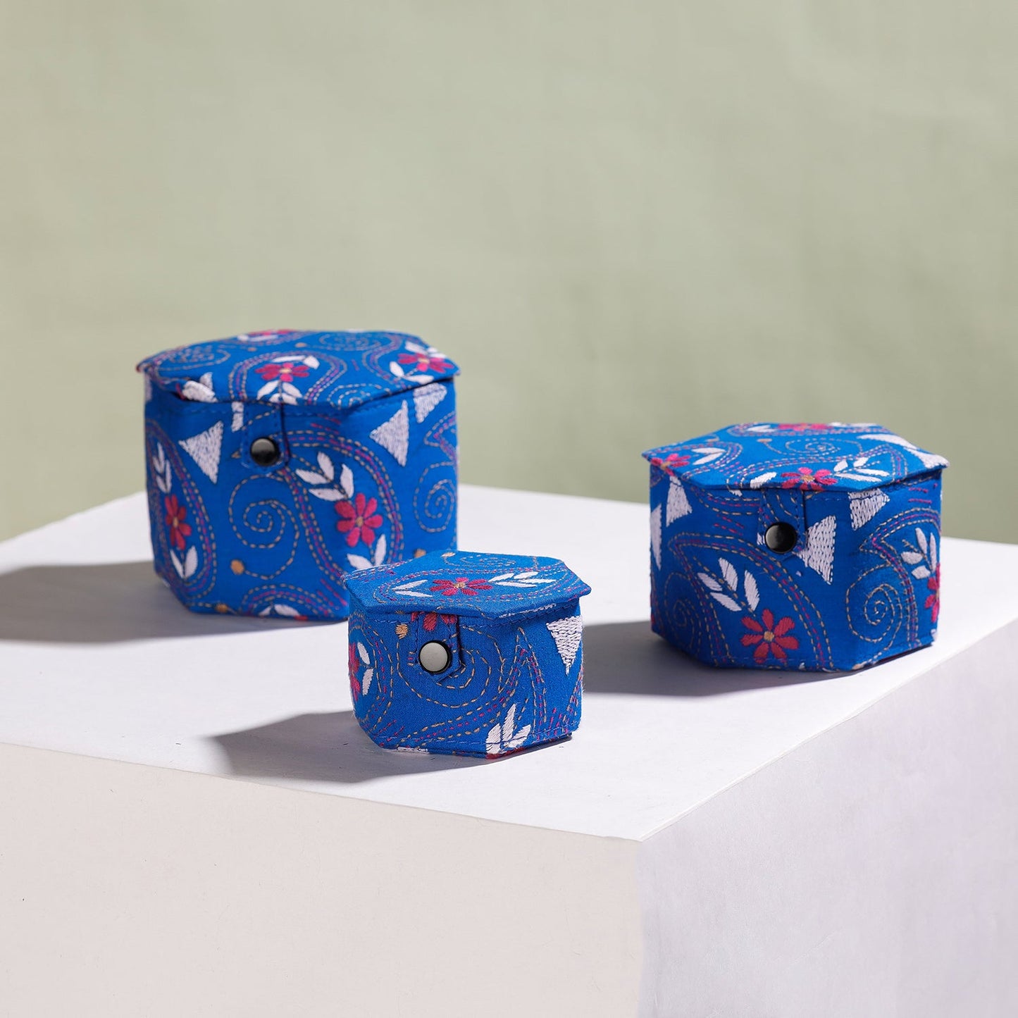 Blue Bengal Kantha Work Handcrafted Hexagon Jewelry Box (Set of 3)