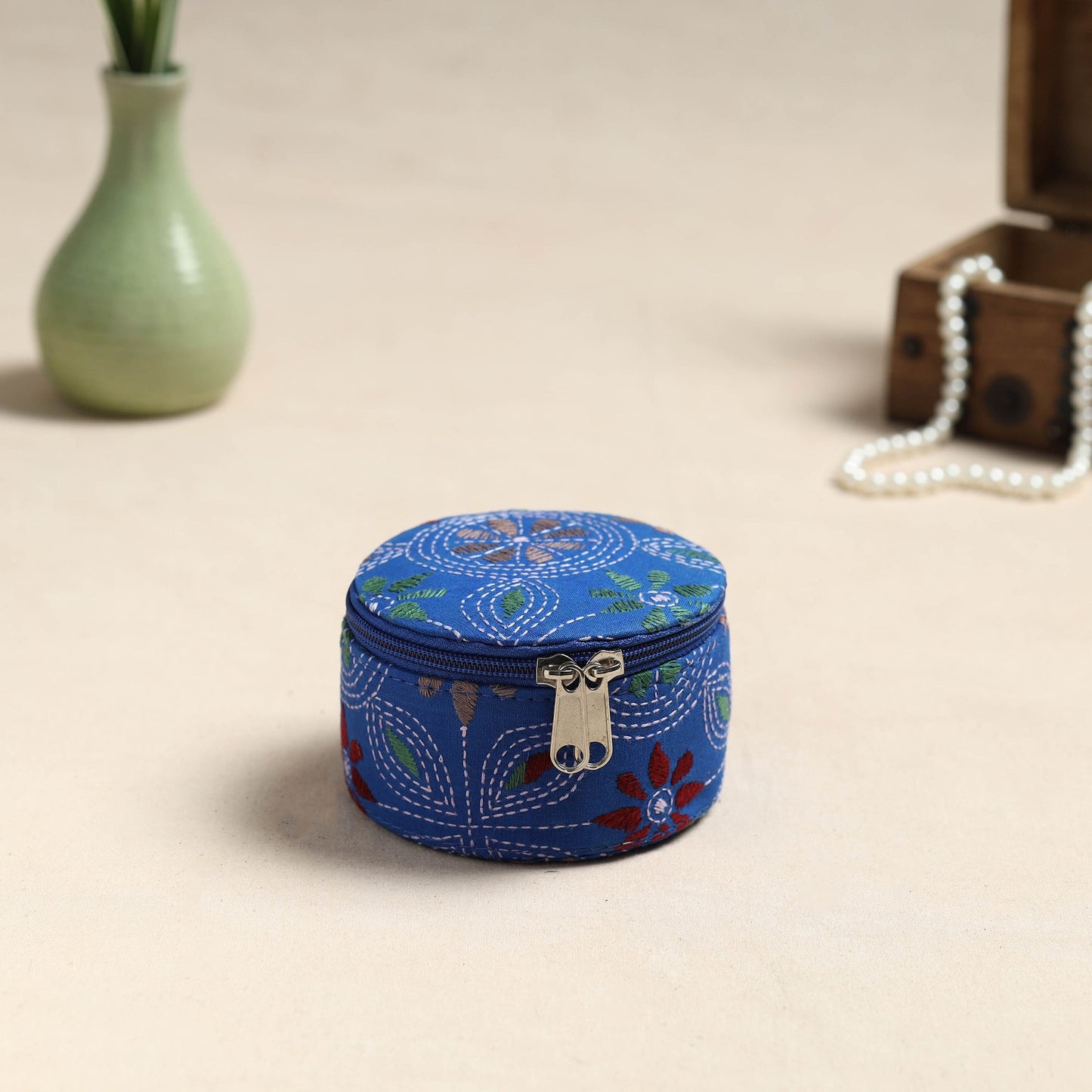 Bengal Kantha Work Handcrafted Round Blue Utility Box 