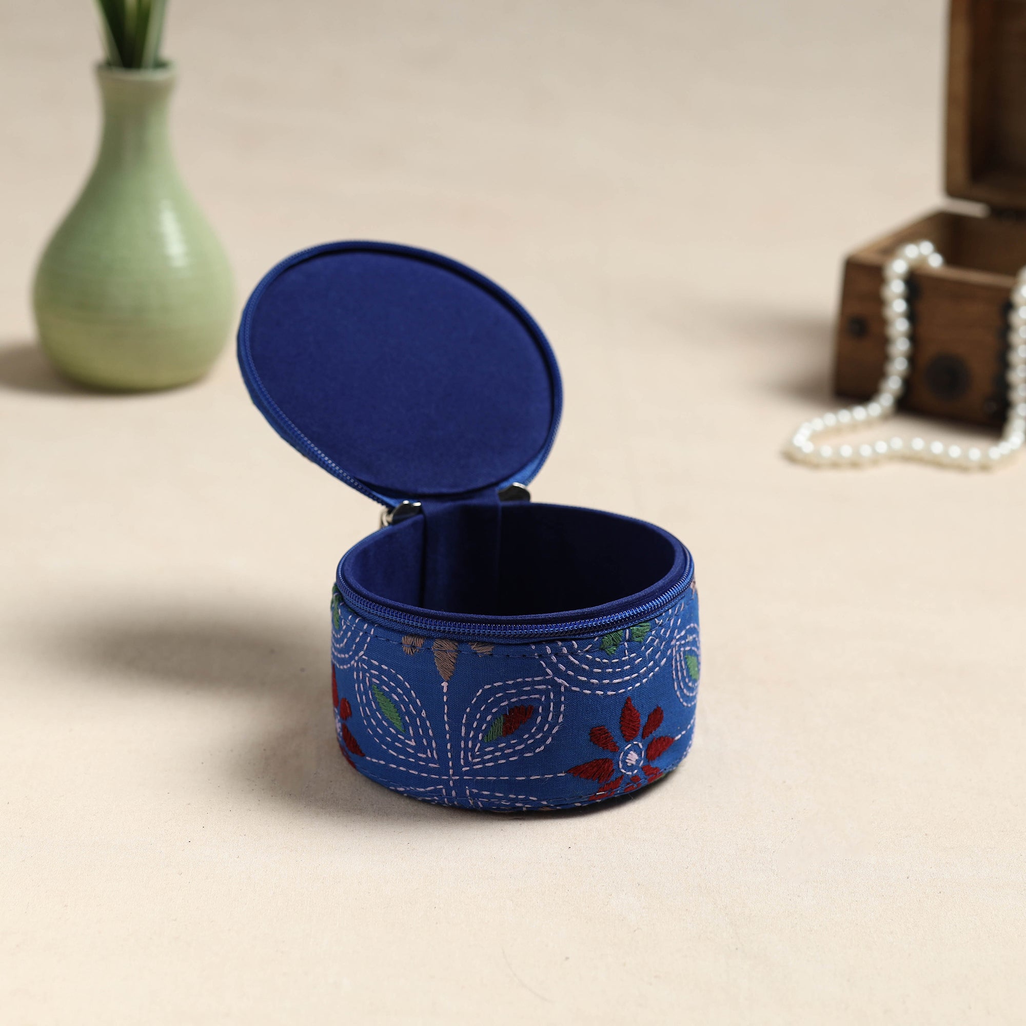 Bengal Kantha Work Handcrafted Round Blue Utility Box 