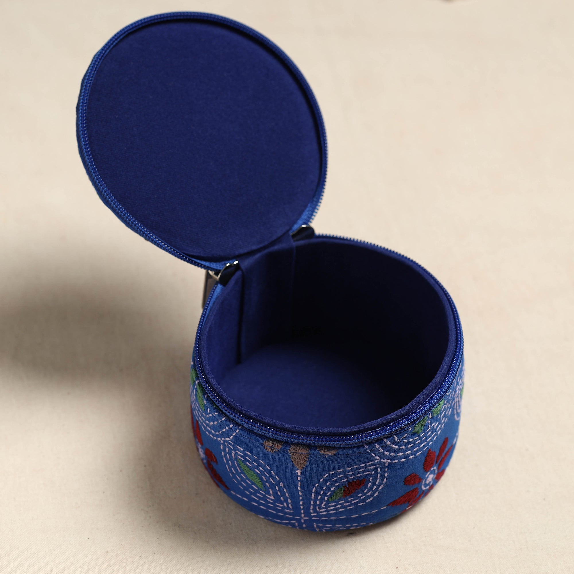 Bengal Kantha Work Handcrafted Round Blue Utility Box 