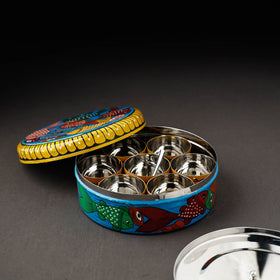 Bengal Patua Handpainted Stainless Steel Blue Masala Box