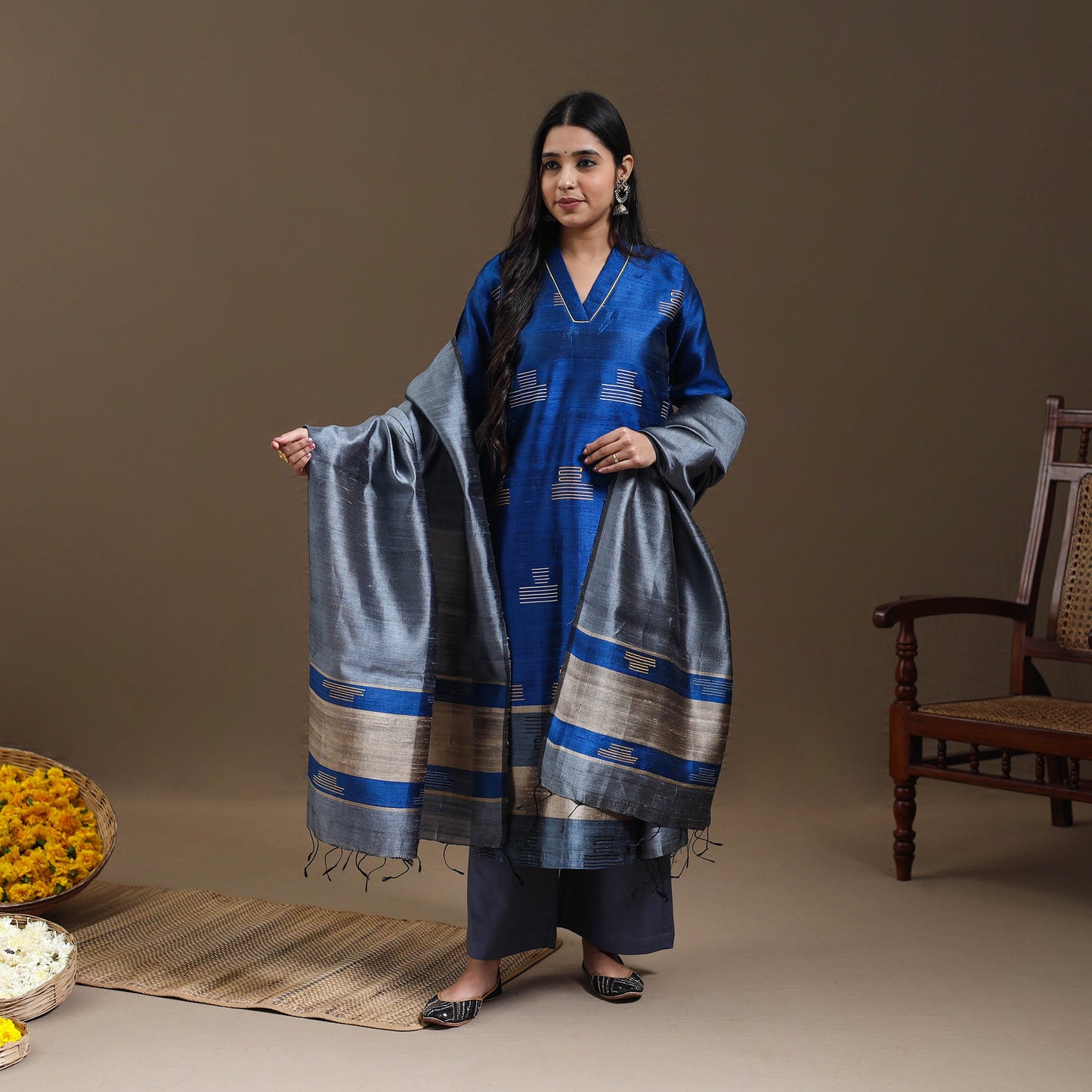 Blue - Bhagalpuri Handloom Tussar Silk Suit Set 05
