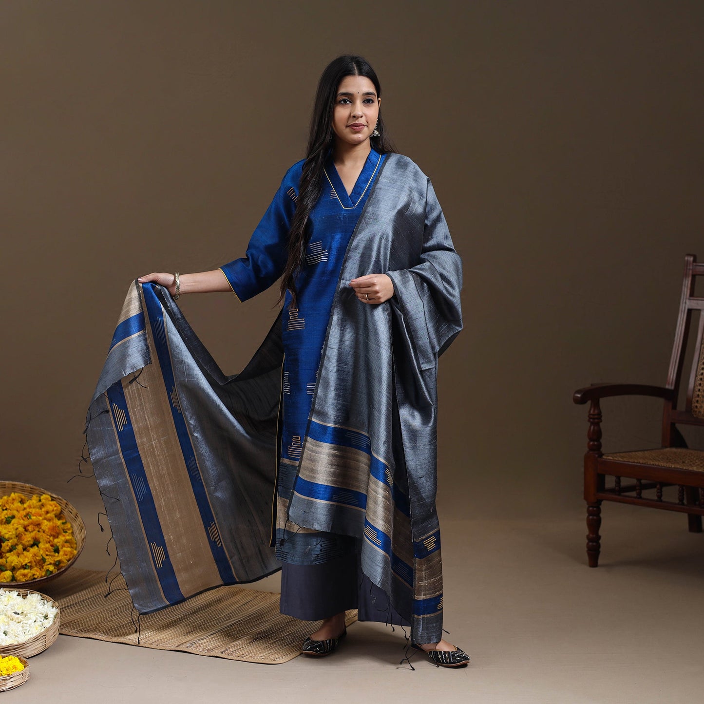 Blue - Bhagalpuri Handloom Tussar Silk Suit Set 05
