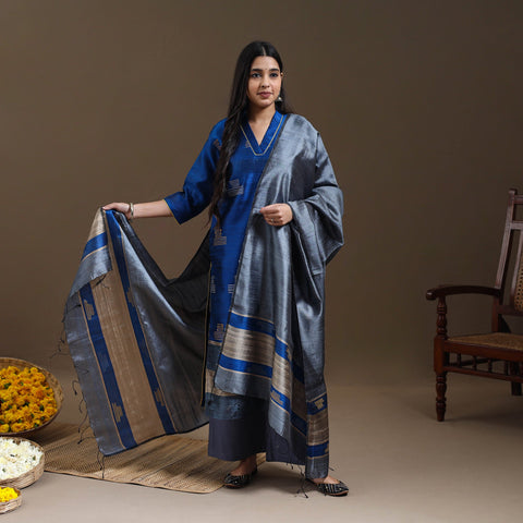 Blue - Bhagalpuri Handloom Tussar Silk Suit Set 05