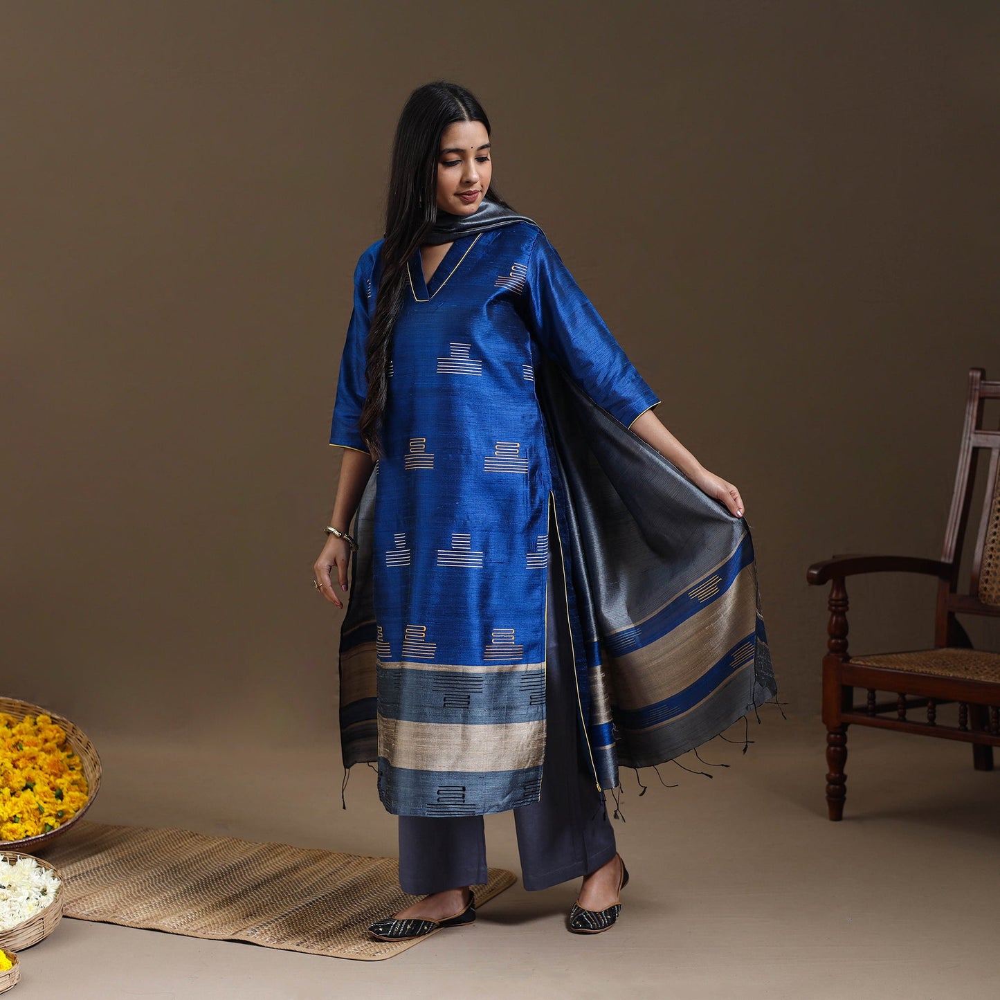 Blue - Bhagalpuri Handloom Tussar Silk Suit Set 05