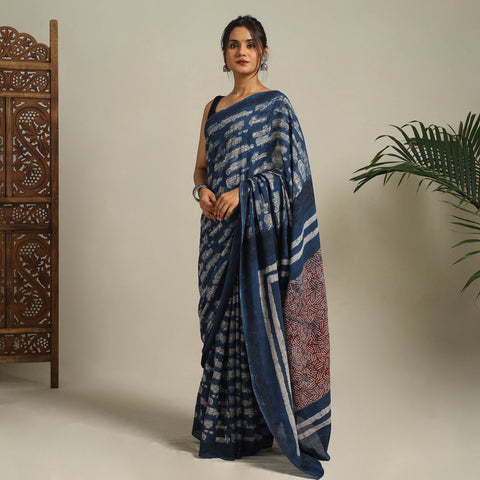 Blue Bindaas Art Natural Dyed Cotton Block Print Saree