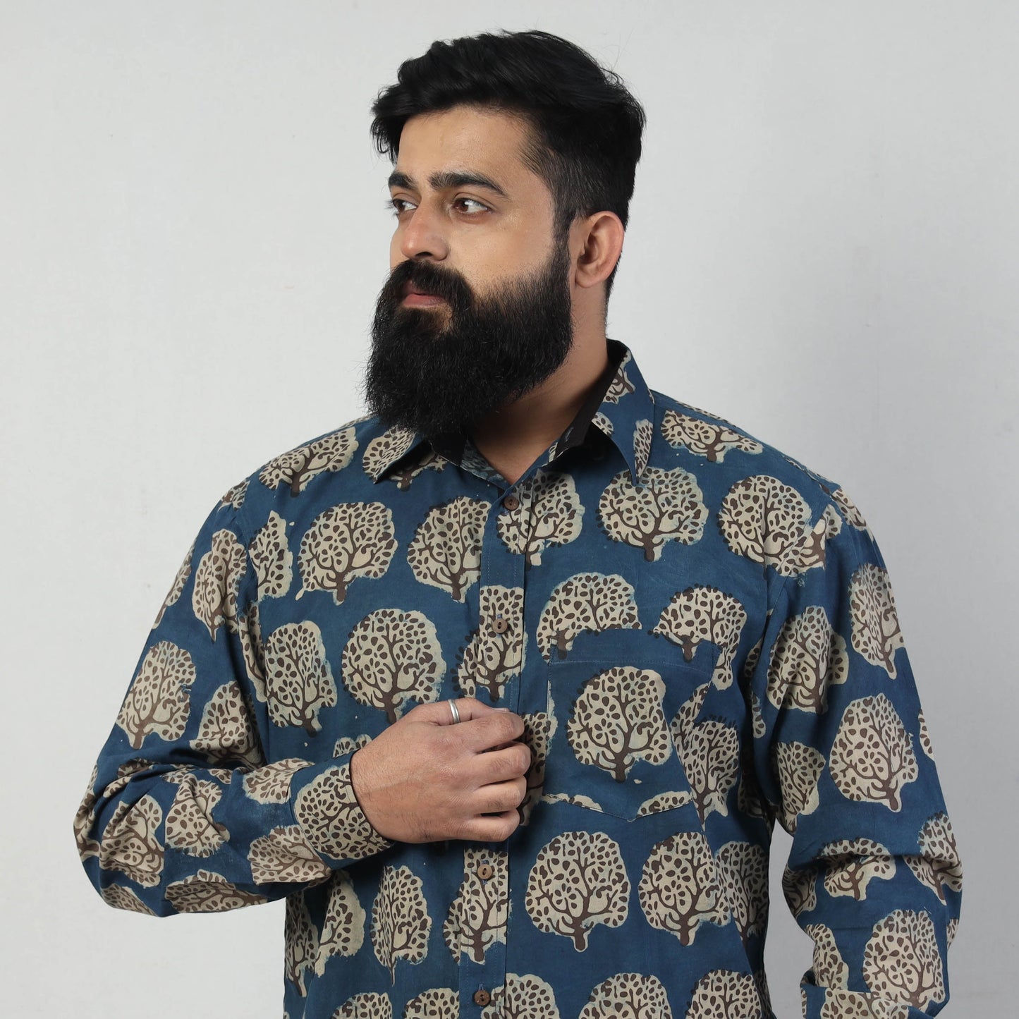 Blue - Bindaas Block Art Printed Cotton Men Full Sleeve Shirt