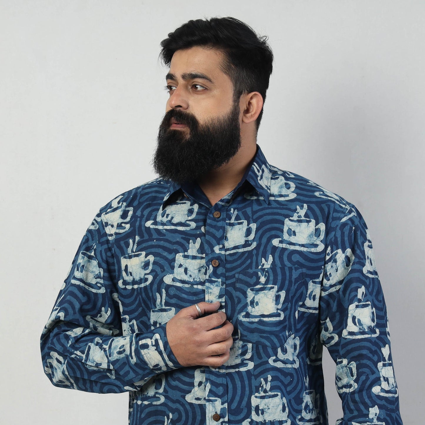 Blue - Bindaas Block Art Printed Cotton Men Full Sleeve Shirt