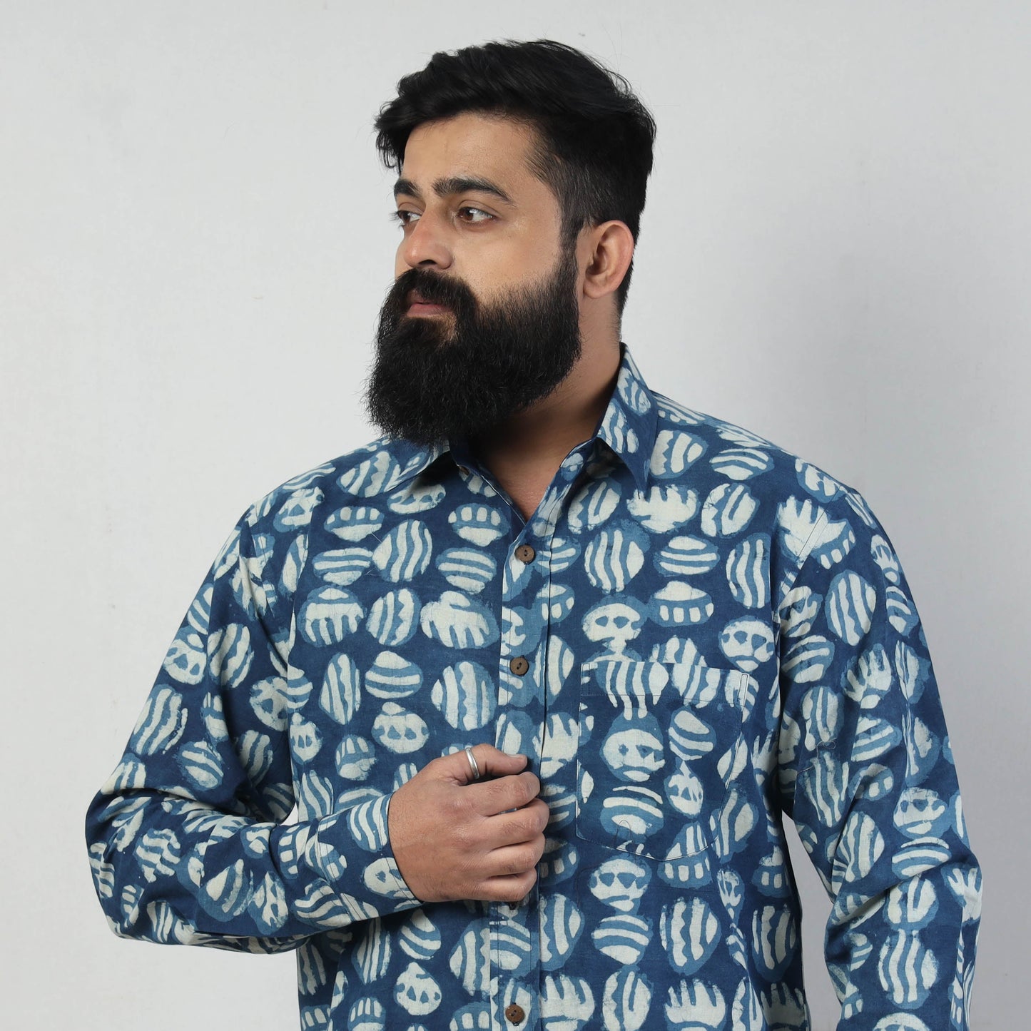 Blue - Bindaas Block Art Printed Cotton Men Full Sleeve Shirt