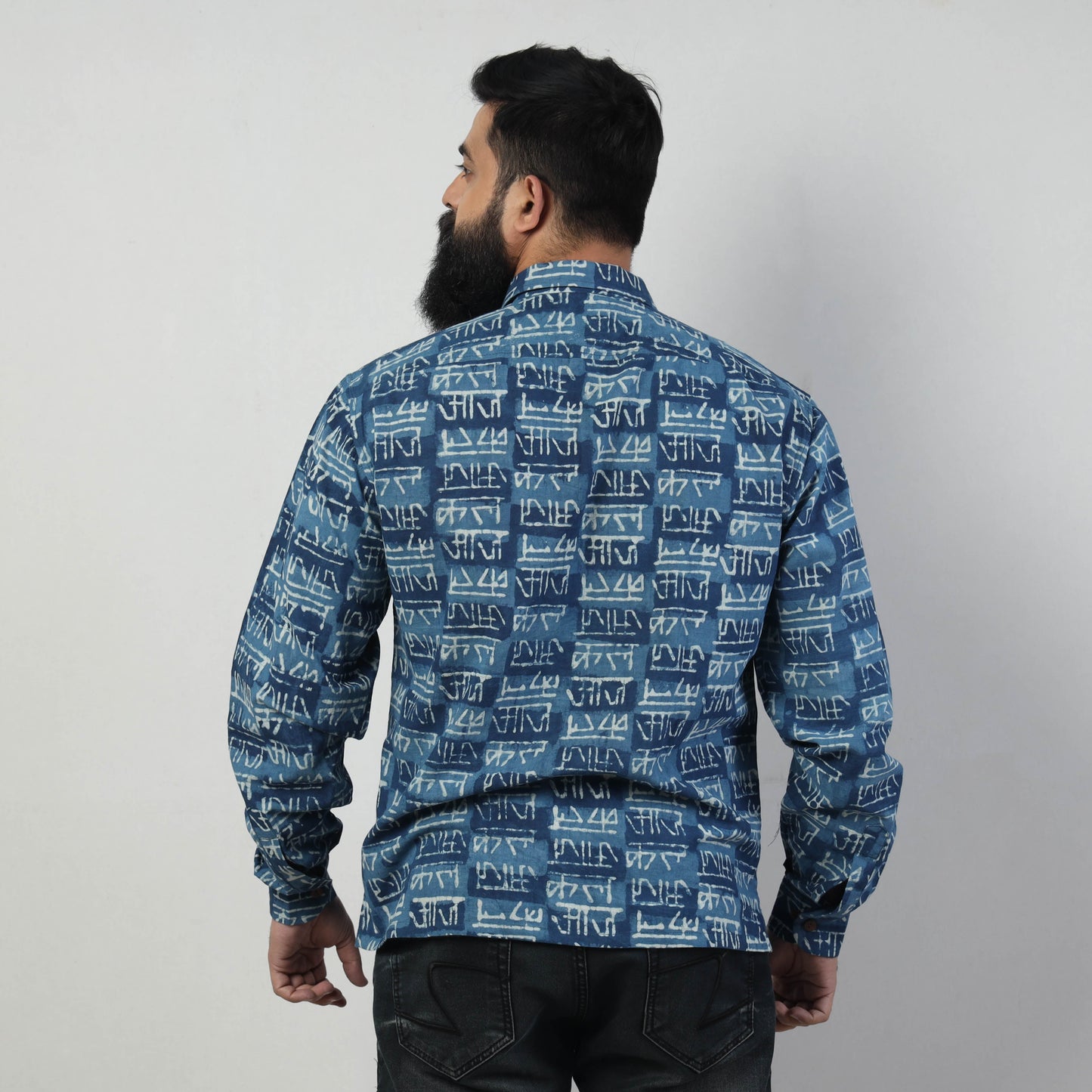 Blue - Bindaas Block Art Printed Cotton Men Full Sleeve Shirt