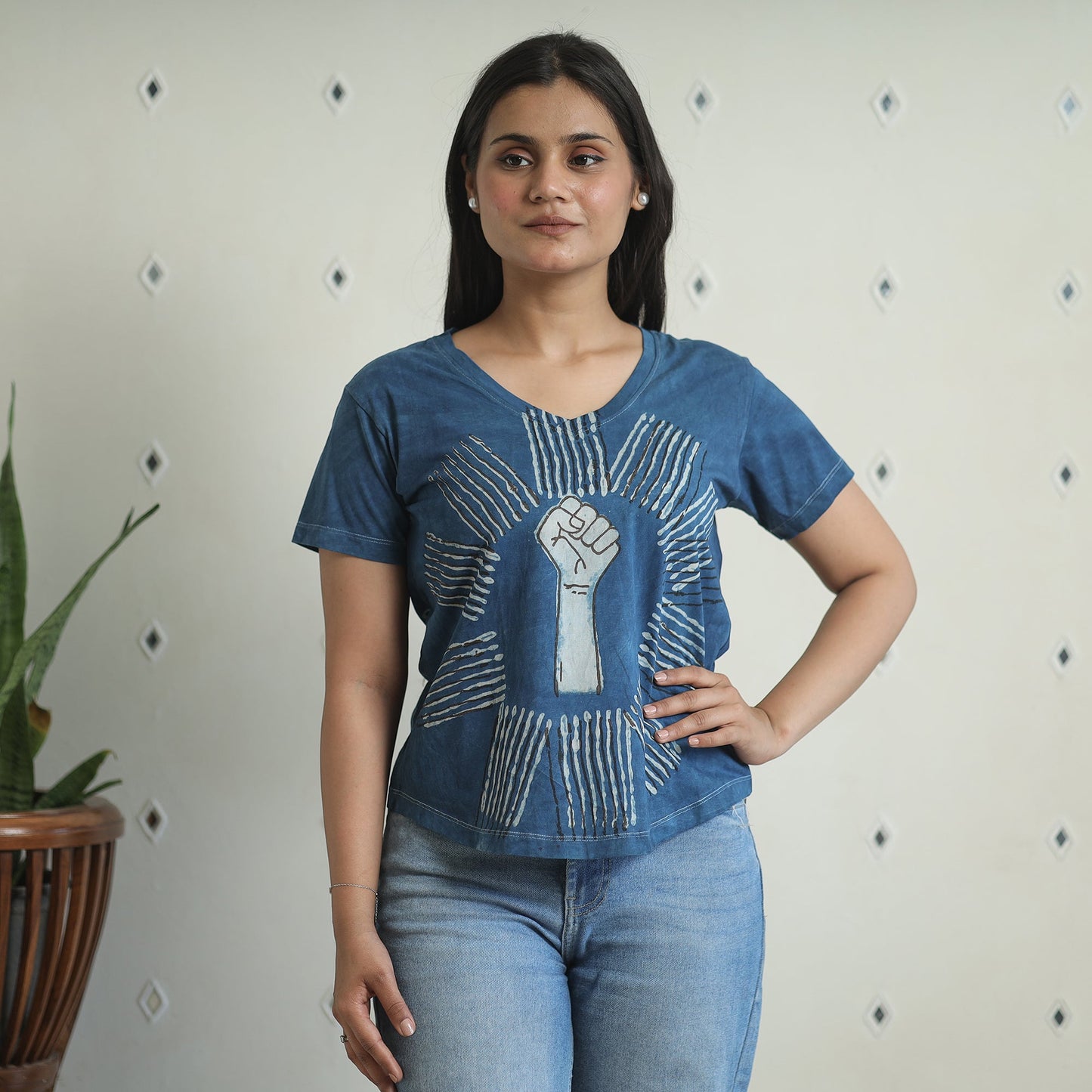 Buy Bindaas Block Art Printed Cotton Women V Neck T-shirt 09 Online at iTokri.com