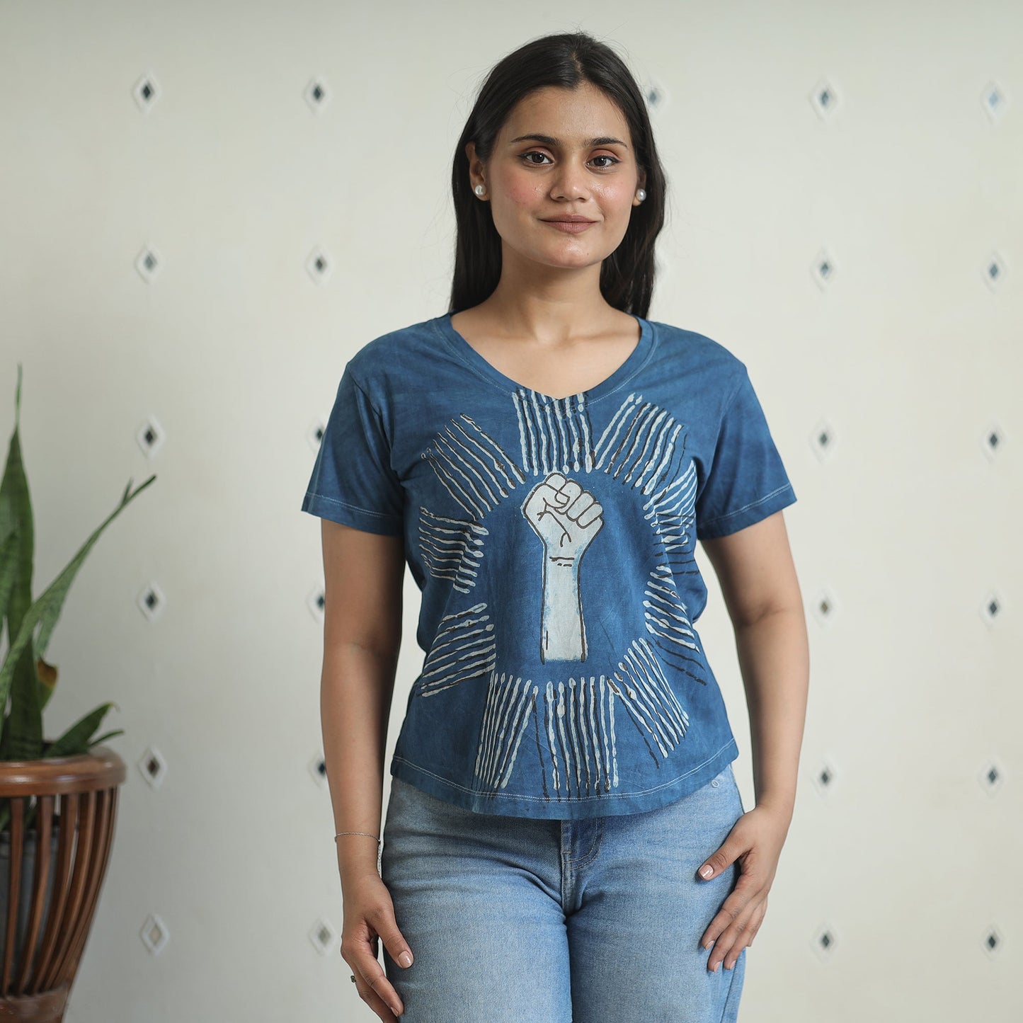 Buy Bindaas Block Art Printed Cotton Women V Neck T-shirt 09 Online at iTokri.com