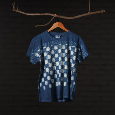 Blue - Bindaas Natural Dyed Art Block Print Round Neck T-shirt in Cotton