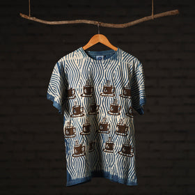  Blue Block Art Prints Natural Dyed Cotton Round Neck T-shirt 