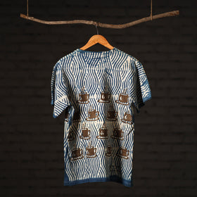  Blue Block Art Prints Natural Dyed Cotton Round Neck T-shirt 