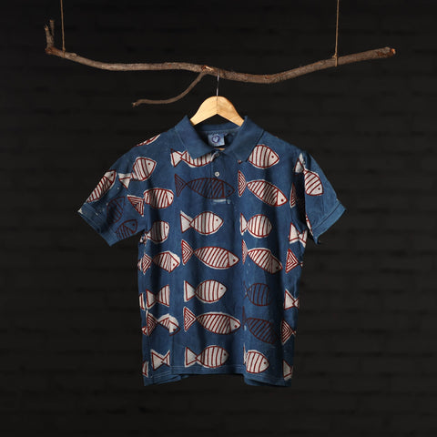 Bindaas Natural Dyed Art Block Print Unisex Polo Collar T-shirt