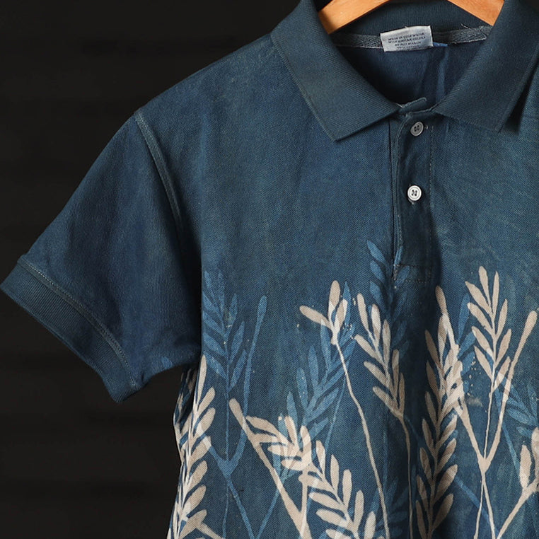  Bindaas Natural Dyed Art Block Print Polo Collar T-shirt in Pure Cotton 