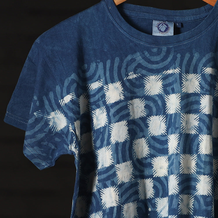 Blue - Bindaas Natural Dyed Art Block Print Round Neck T-shirt in Cotton