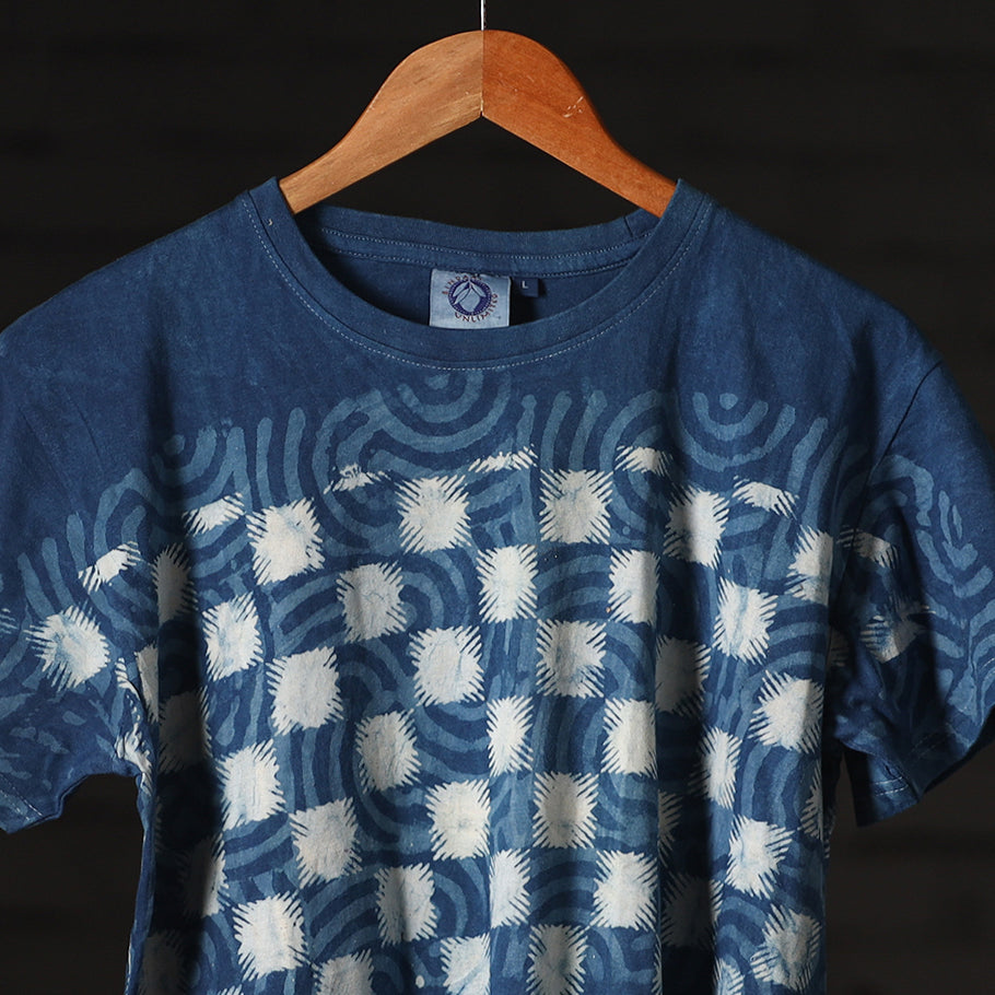 Blue - Bindaas Natural Dyed Art Block Print Round Neck T-shirt in Cotton