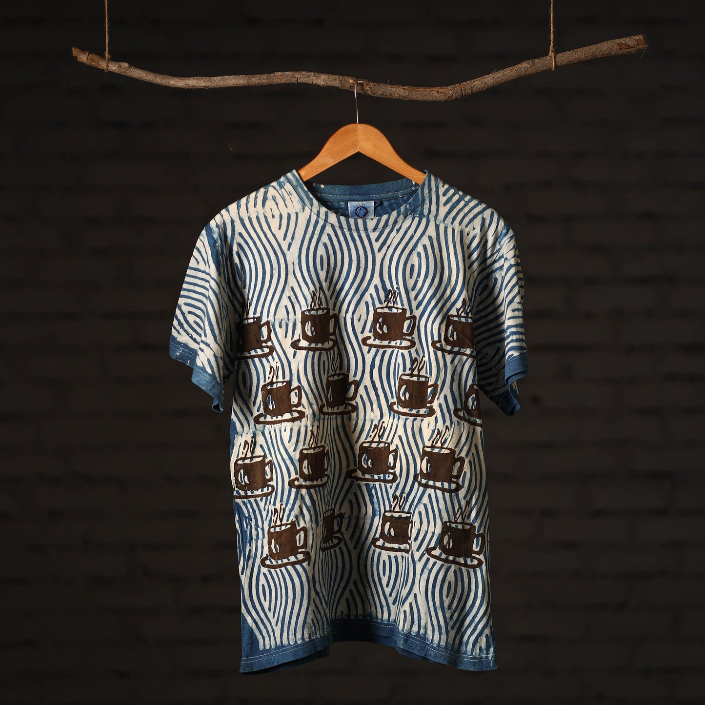  Blue Block Art Prints Natural Dyed Cotton Round Neck T-shirt 