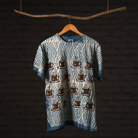  Blue Block Art Prints Natural Dyed Cotton Round Neck T-shirt 