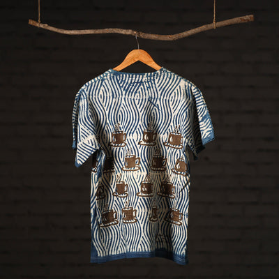  Blue Block Art Prints Natural Dyed Cotton Round Neck T-shirt 