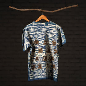  Blue Block Art Prints Natural Dyed Cotton Round Neck T-shirt 