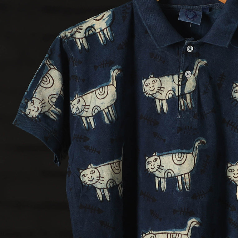 Bindaas Natural Dyed Art Block Print Unisex Polo Collar T-shirt