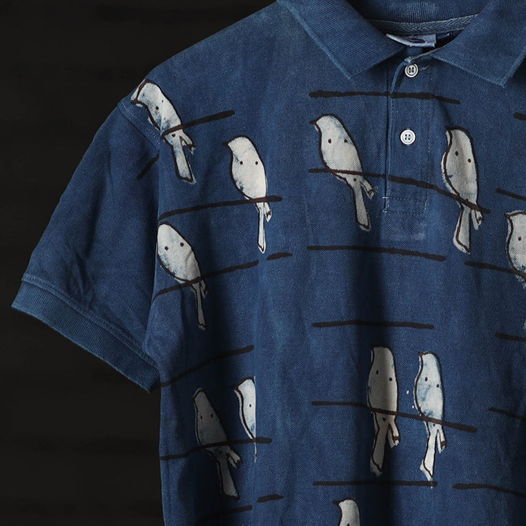 Blue - Bindaas Natural Dyed Art Block Print Polo Collar T-shirt in Cotton