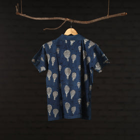 Blue - Bindaas Natural Dyed Art Block Print Polo Collar T-shirt in Cotton