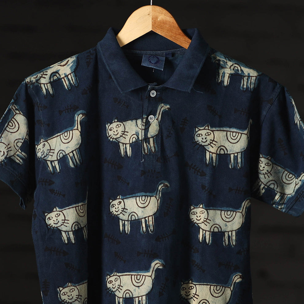 Bindaas Natural Dyed Art Block Print Unisex Polo Collar T-shirt