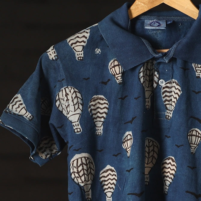 Blue - Bindaas Natural Dyed Art Block Print Polo Collar T-shirt in Cotton