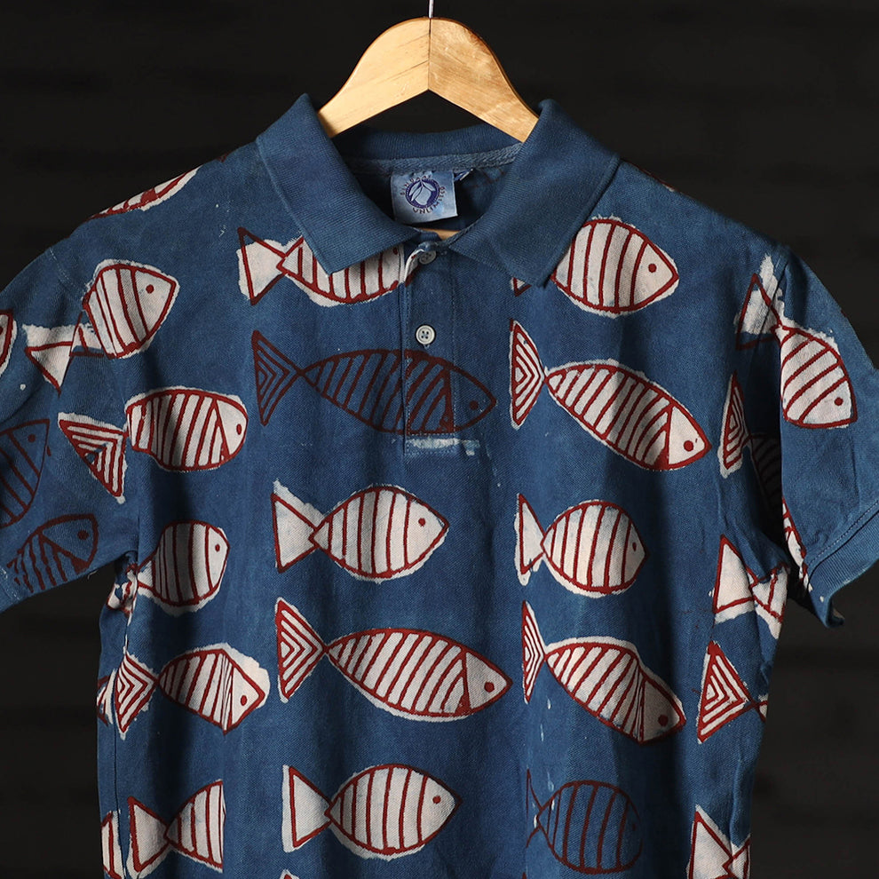 Bindaas Natural Dyed Art Block Print Unisex Polo Collar T-shirt